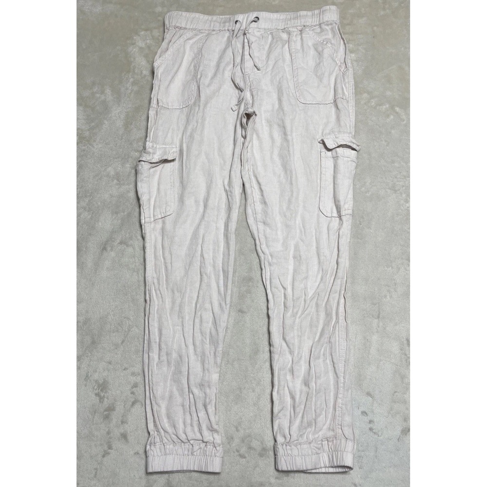 Nicole Miller Linen Blend Cargo Pants Womens Medium Off White Elastic Waist Cuff